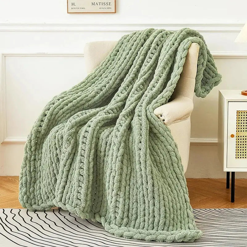 Sage green chunky knit cozy autumn fleece blanket bedroom throw