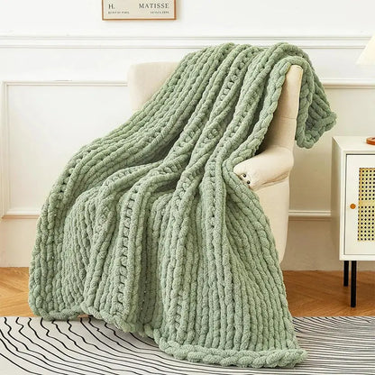 Sage green chunky knit cozy autumn fleece blanket bedroom throw