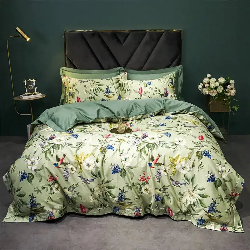Sage green & cream bird floral 1400tc egyptian cotton bedding set bedroom