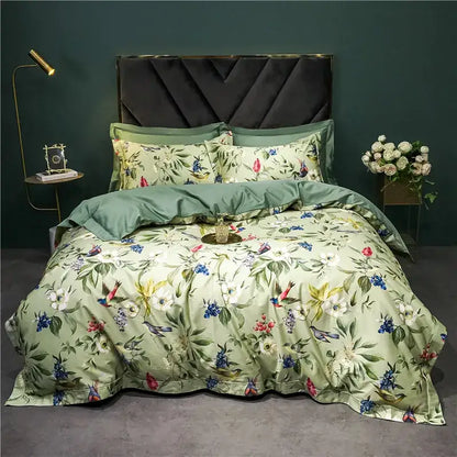 Sage green & cream bird floral 1400tc egyptian cotton bedding set bedroom