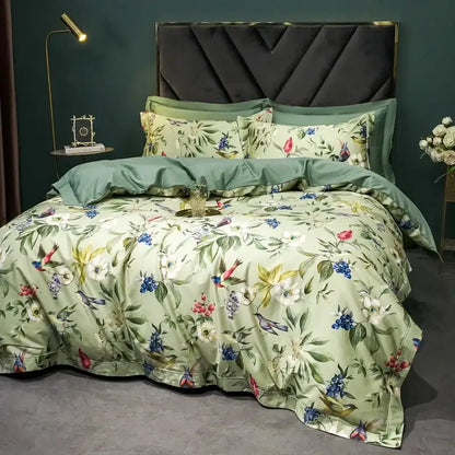 Sage green & cream bird floral 1400tc egyptian cotton bedding set bedroom