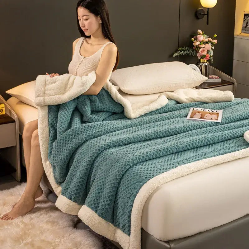 Sage green & cream cozy warmth velvet autumn sleep blanket bedroom