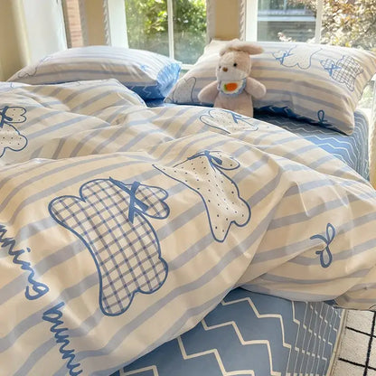 Sage green grid print cotton bedding set for bedroom
