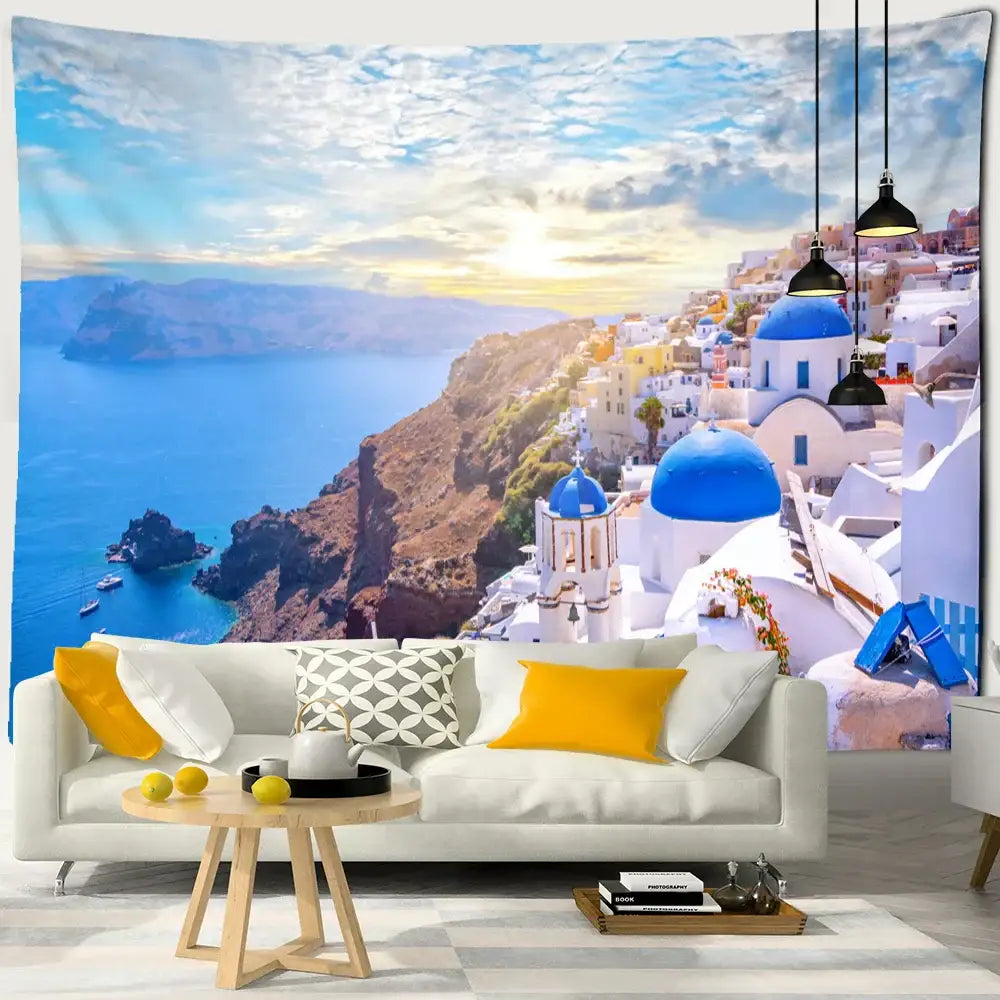 Santorini castle village sunset tapestry bedroom wall art