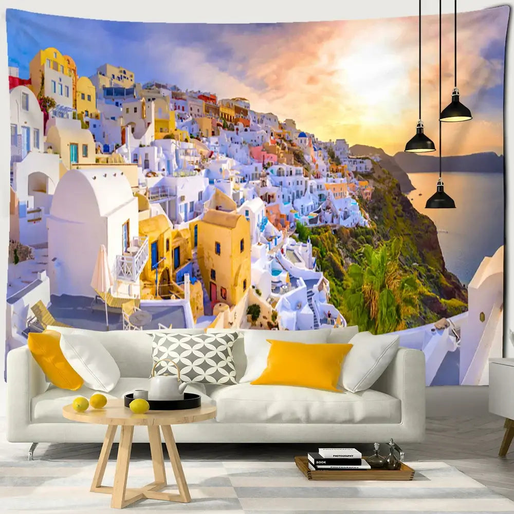 Santorini castle village sunset tapestry bedroom wall art