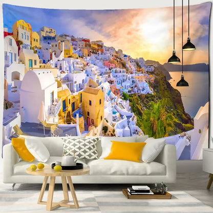 Santorini castle village sunset tapestry bedroom wall art