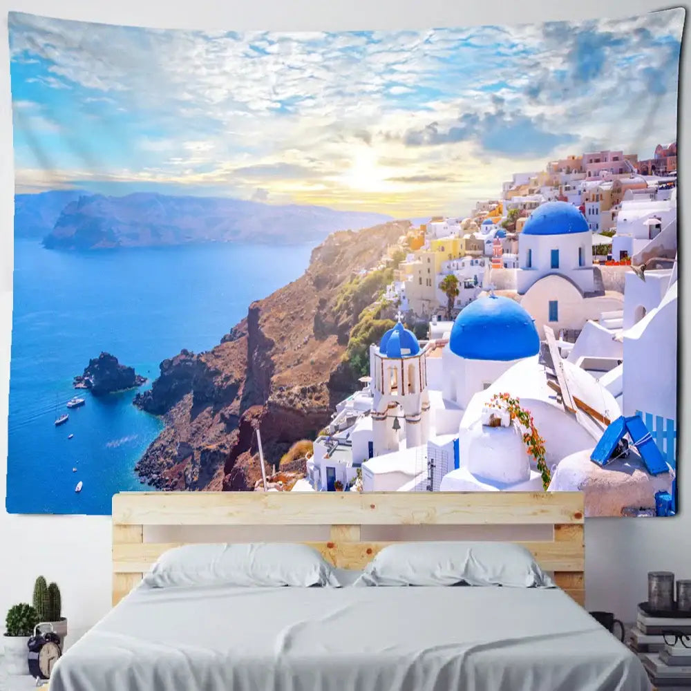 Santorini castle village sunset tapestry bedroom wall art