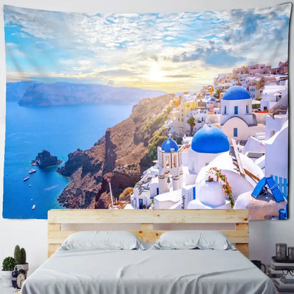 Santorini castle village sunset tapestry bedroom wall art