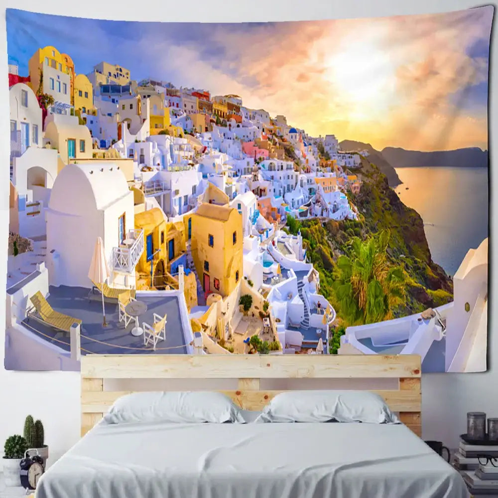Santorini castle village sunset tapestry bedroom wall art
