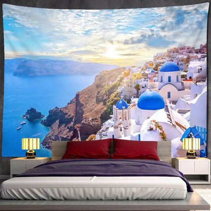 Santorini castle village sunset tapestry bedroom wall art