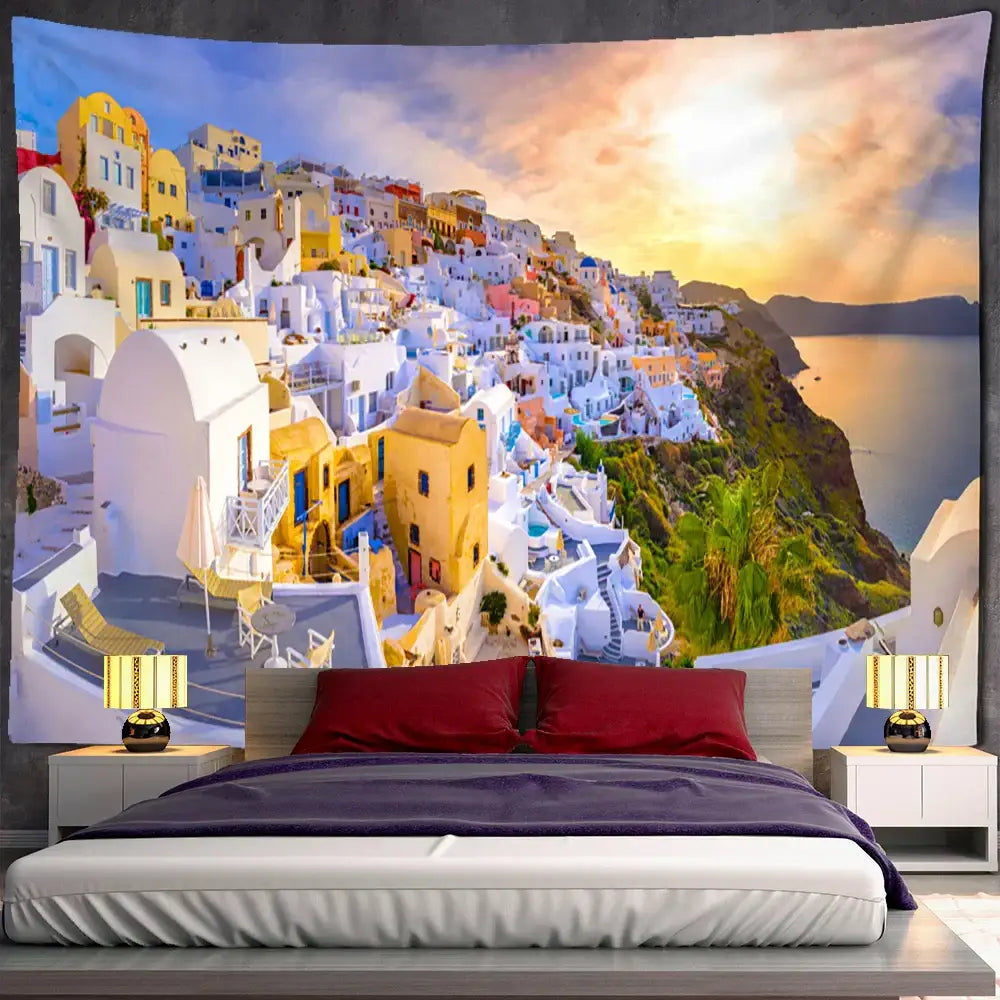 Santorini castle village sunset tapestry bedroom wall art