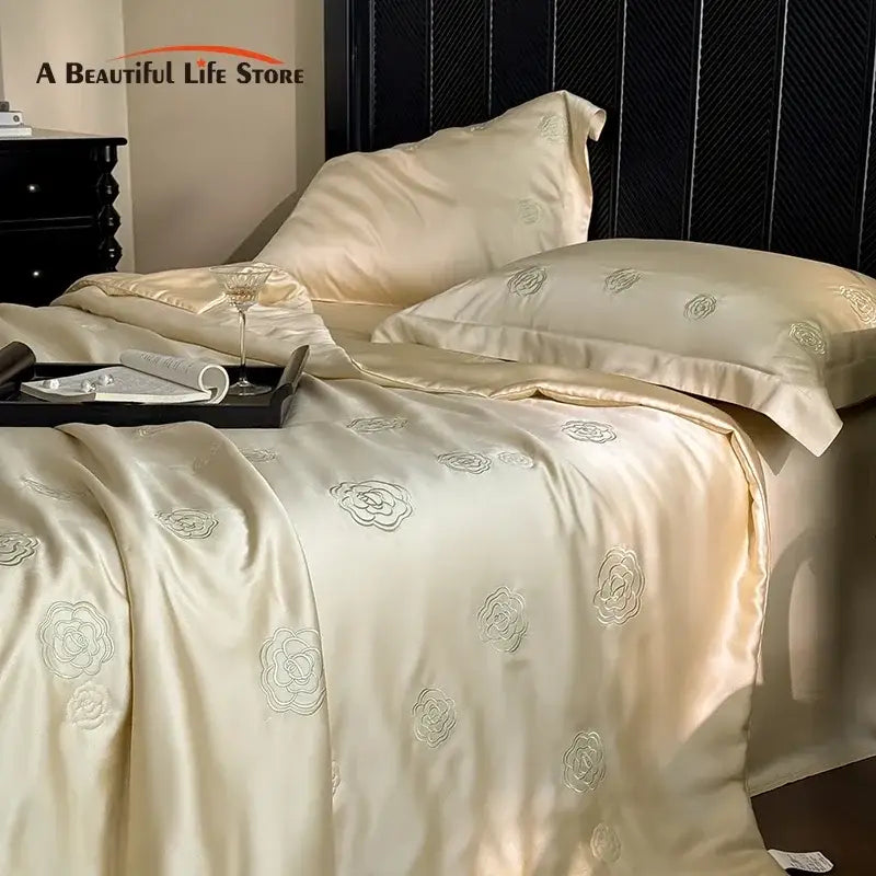 Satin cream eucalyptus fiber flower embroidery quilt set bedroom