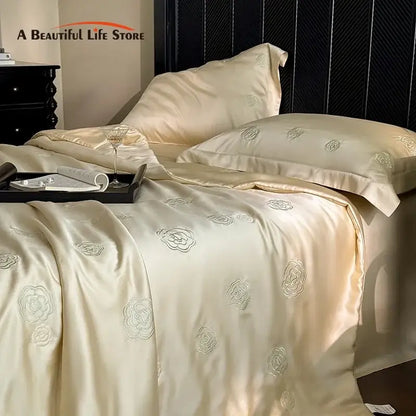 Satin cream eucalyptus fiber flower embroidery quilt set bedroom