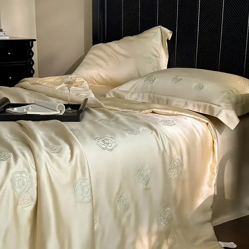 Satin cream eucalyptus fiber flower embroidery quilt set bedroom