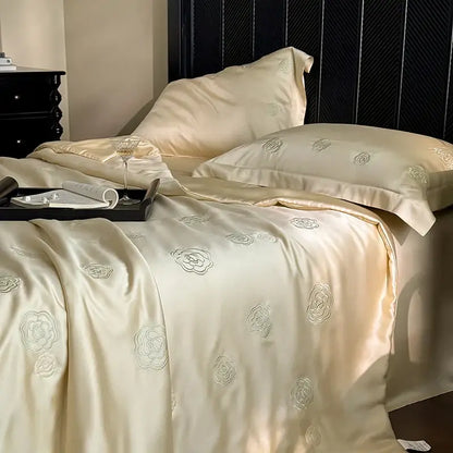 Satin cream eucalyptus fiber flower embroidery quilt set bedroom