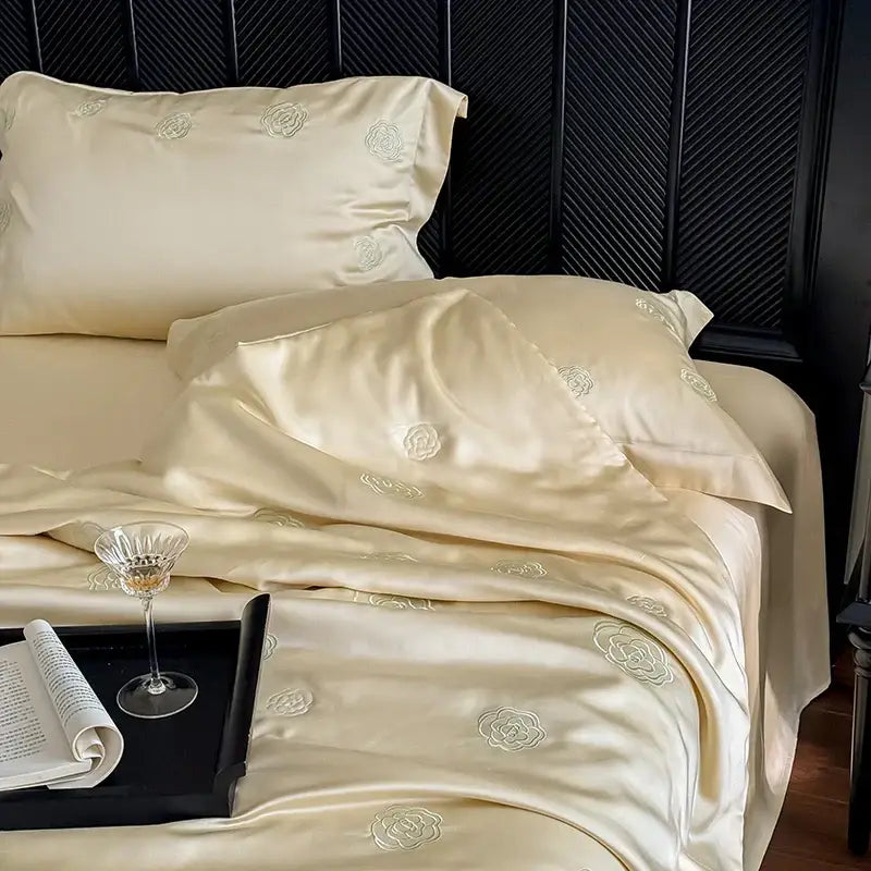 Satin cream eucalyptus fiber flower embroidery quilt set bedroom
