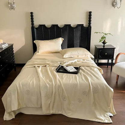 Satin cream eucalyptus fiber flower embroidery quilt set bedroom