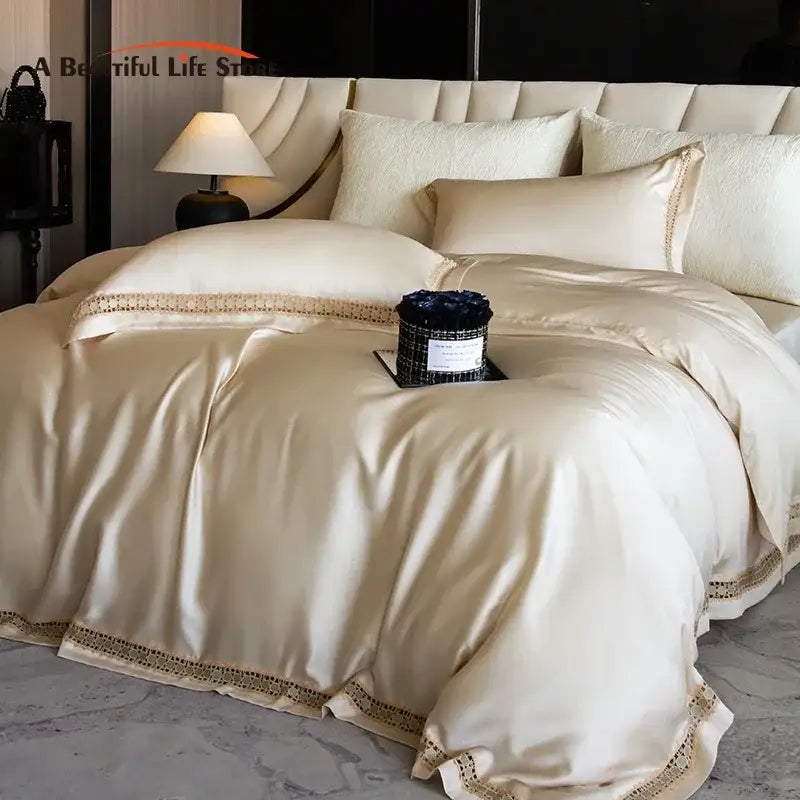 Satin cream & gold lace eucalyptus duvet cover set bedroom bedding