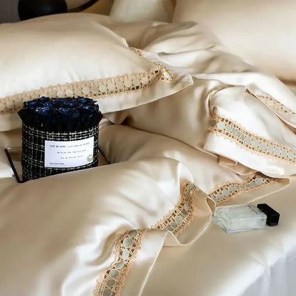 Satin cream & gold lace eucalyptus duvet cover set bedroom bedding