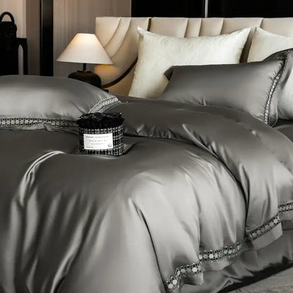 Satin cream & gold lace eucalyptus duvet cover set bedroom bedding