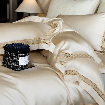 Satin cream & gold lace eucalyptus duvet cover set bedroom bedding