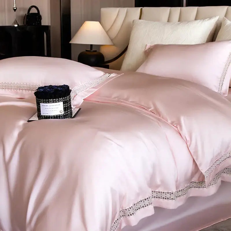 Satin cream & gold lace eucalyptus duvet cover set bedroom bedding