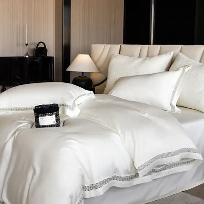 Satin cream & gold lace eucalyptus duvet cover set bedroom bedding