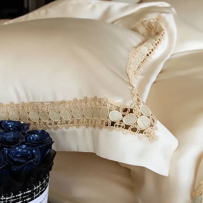 Satin cream & gold lace eucalyptus duvet cover set bedroom bedding