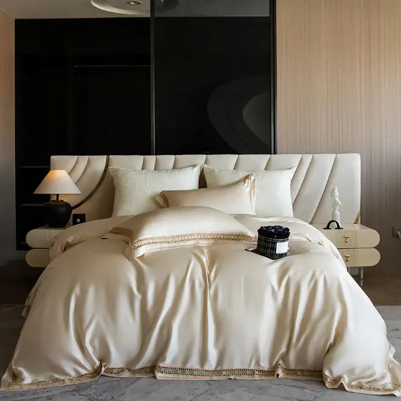 Satin cream & gold lace eucalyptus duvet cover set bedroom bedding