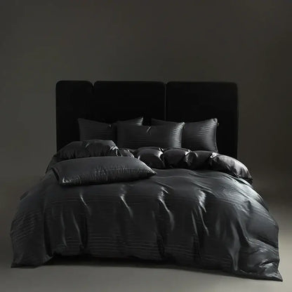 Satin dark gray & silver pinstripe duvet cover bedding set bedroom