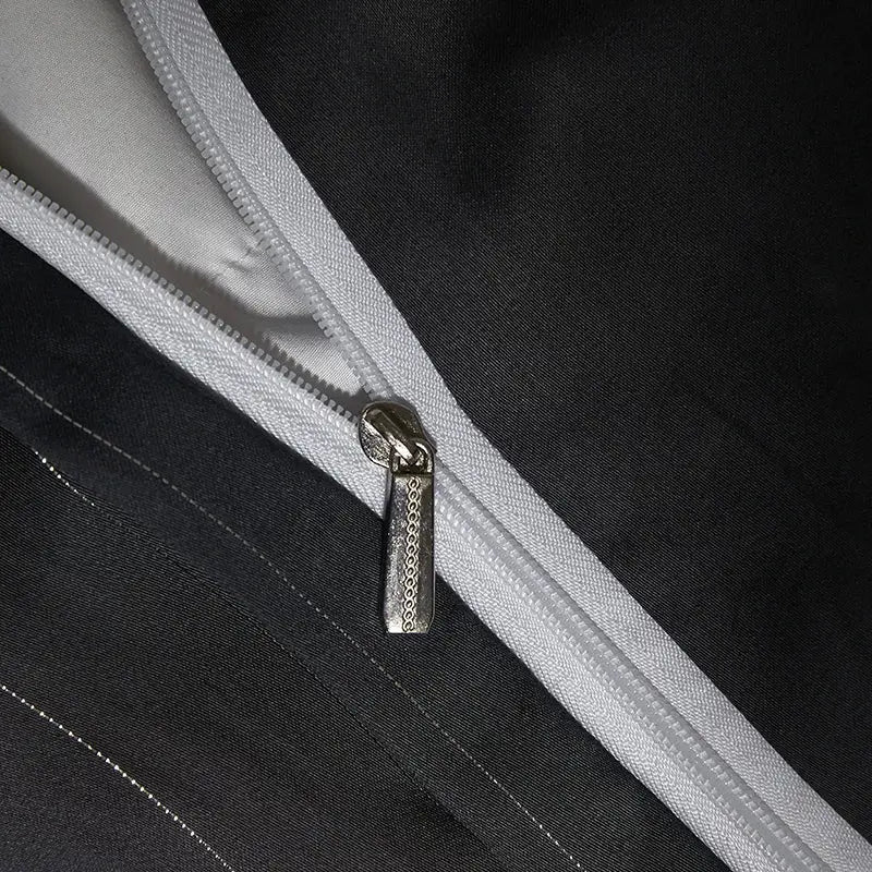 Satin dark gray & silver pinstripe duvet cover bedding set bedroom