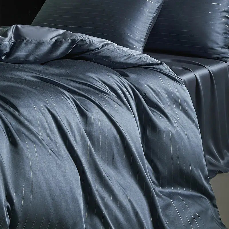 Satin dark gray & silver pinstripe duvet cover bedding set bedroom