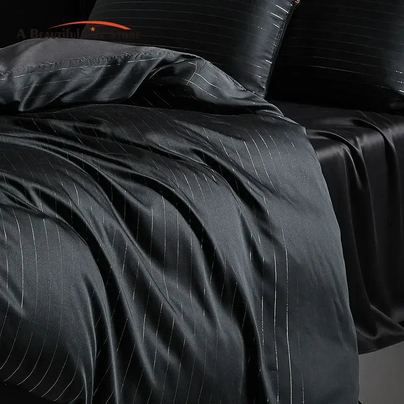 Satin dark gray & silver pinstripe duvet cover bedding set bedroom