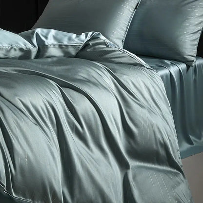 Satin dark gray & silver pinstripe duvet cover bedding set bedroom