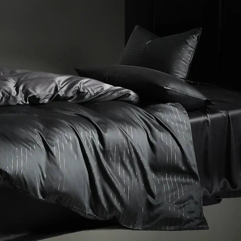 Satin dark gray & silver pinstripe duvet cover bedding set bedroom