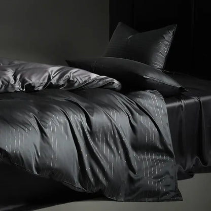 Satin dark gray & silver pinstripe duvet cover bedding set bedroom