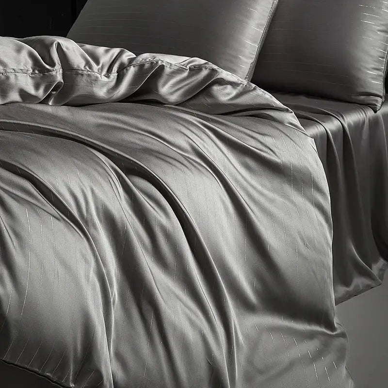 Satin dark gray & silver pinstripe duvet cover bedding set bedroom