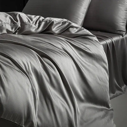 Satin dark gray & silver pinstripe duvet cover bedding set bedroom