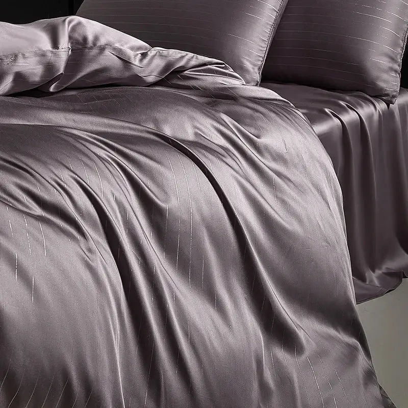 Satin dark gray & silver pinstripe duvet cover bedding set bedroom