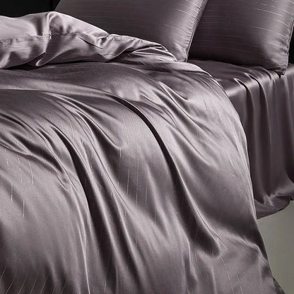 Satin dark gray & silver pinstripe duvet cover bedding set bedroom