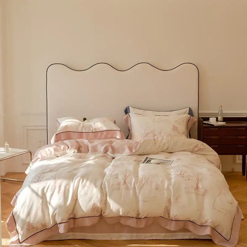 Satin light blue & pink egyptian cotton bedding set bedroom