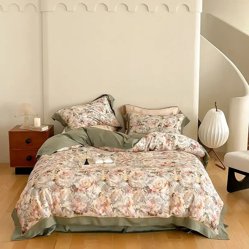 Satin light blue & pink egyptian cotton bedding set bedroom