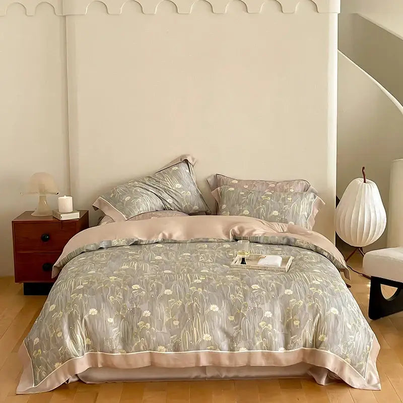 Satin light blue & pink egyptian cotton bedding set bedroom