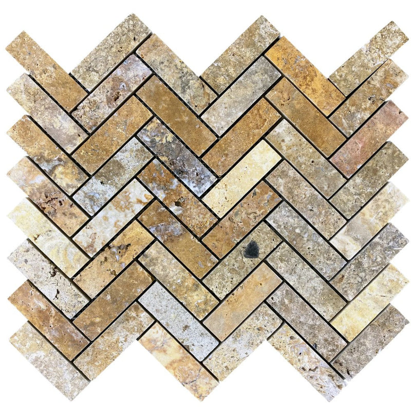 Scabos Travertine 1"x3" Herringbone on 12" x 12" Mesh Mosaic Tile