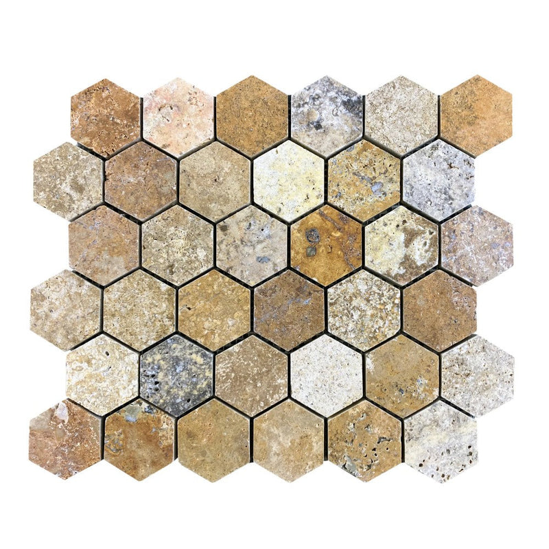 Scabos Travertine 2" Hexagon on 12" x 12" Mesh Mosaic Tile