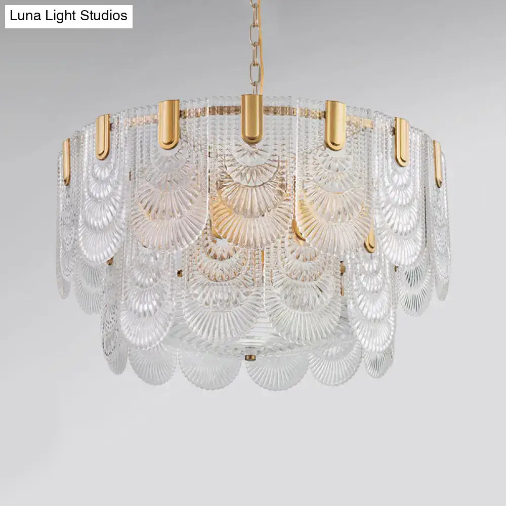 Scalloped clear textured glass drop chandelier – dining room brass light