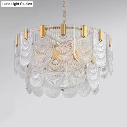 Scalloped clear textured glass drop chandelier – dining room brass light