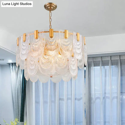 Scalloped clear textured glass drop chandelier – dining room brass light