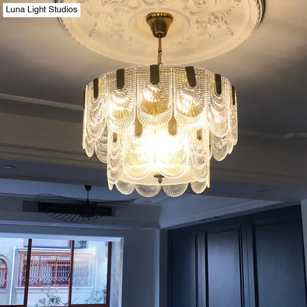 Scalloped clear textured glass drop chandelier – dining room brass light