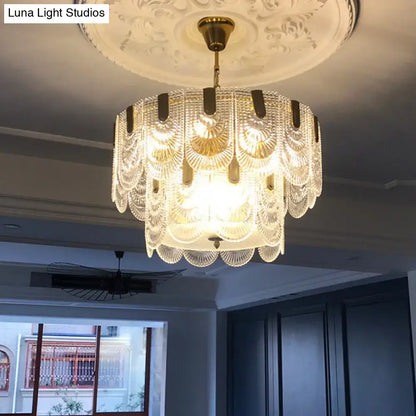 Scalloped clear textured glass drop chandelier – dining room brass light